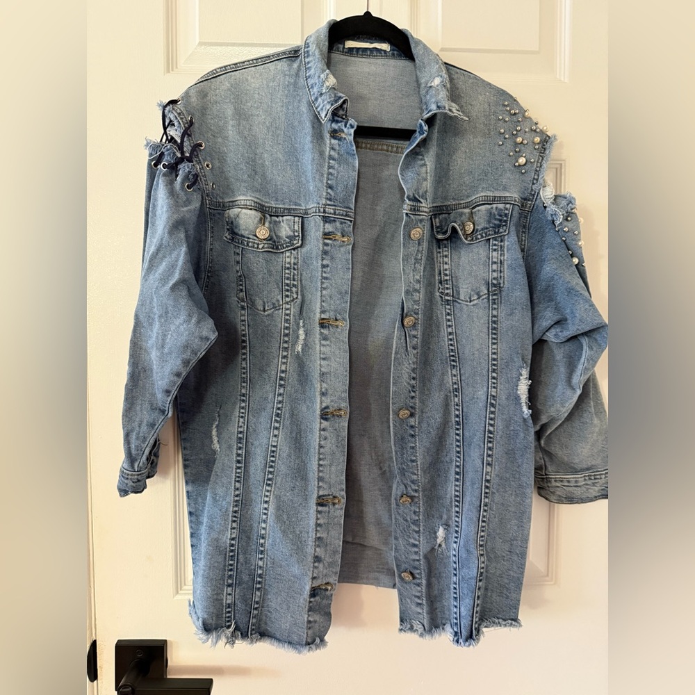 Distressed Denim Jacket with Pearl Accents